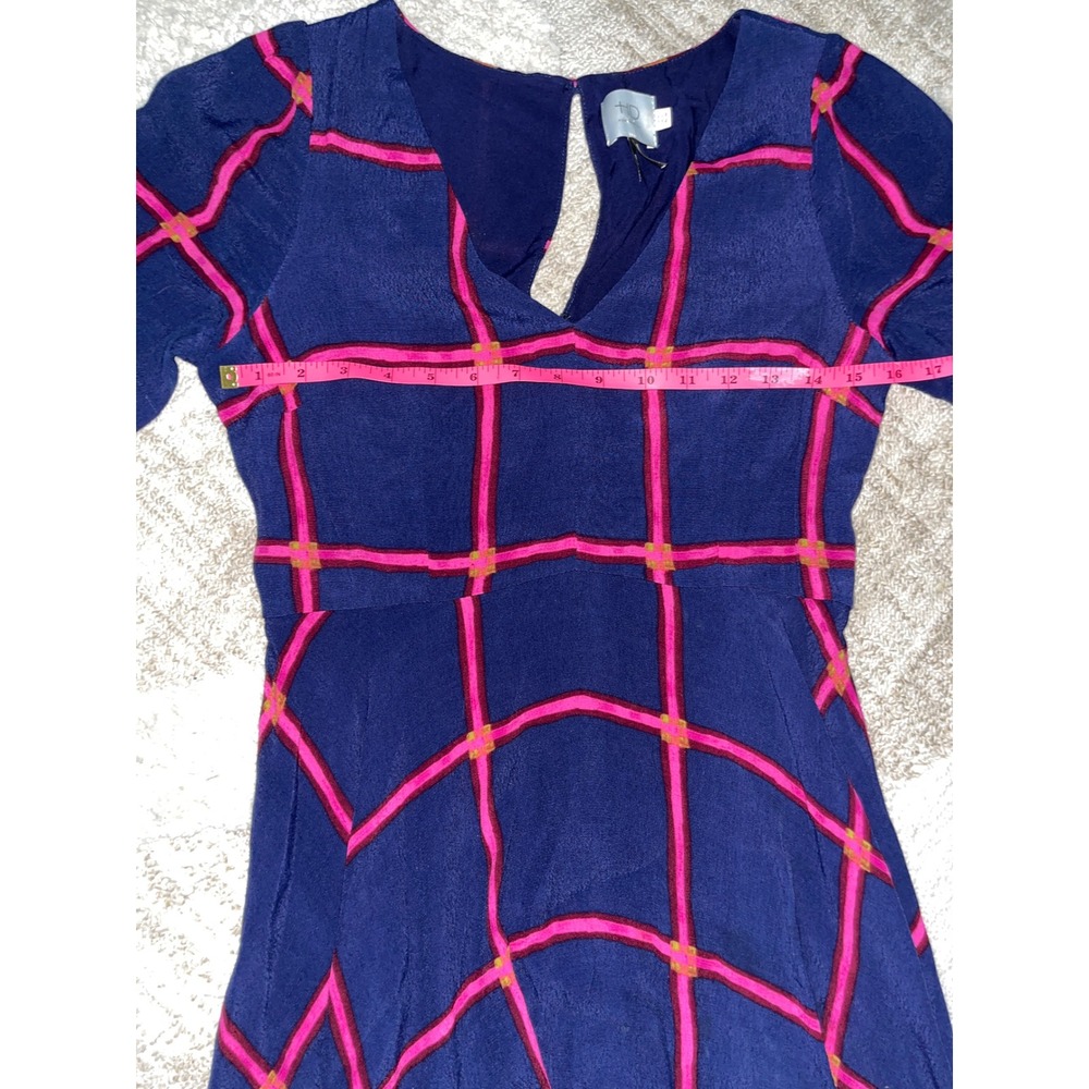 HD in Paris Anthropologie Navy Blue Pink Grid Striped Handkerchief Midi Dress 4 - Picture 5 of 6
